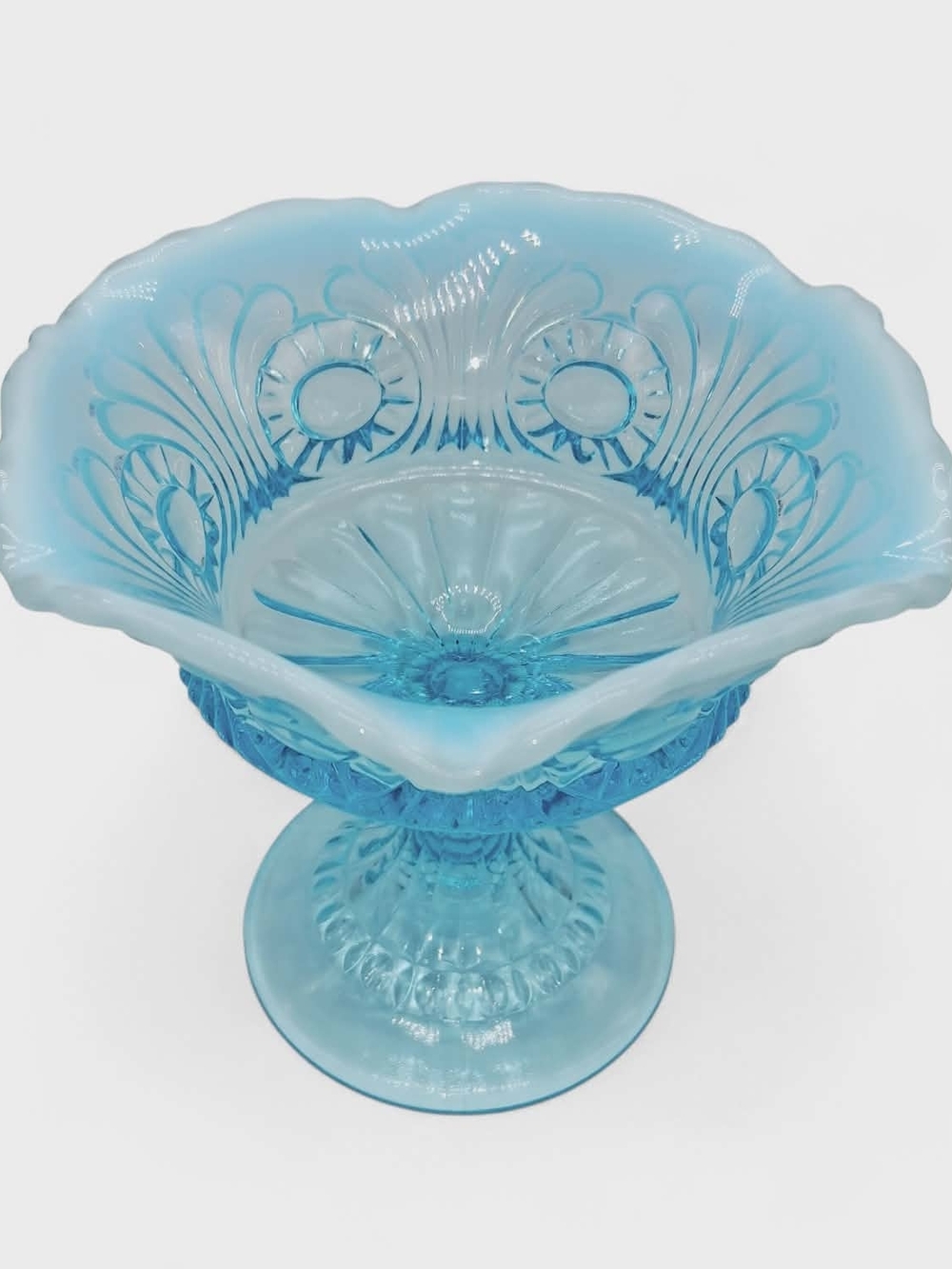 Fenton Eye & Scroll Blue Opalescent Compote - Picture 2 of 8
